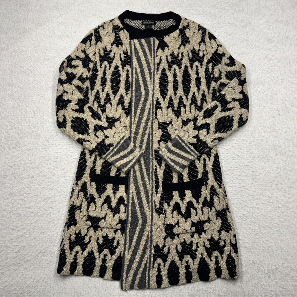 Lucky Brand Geometric Cardigan Sweater Beige Black Boho Long Women's Size M